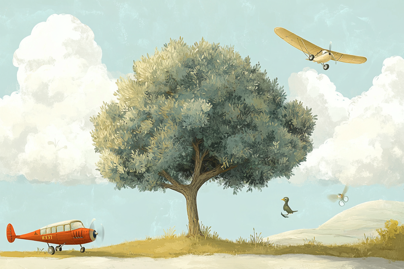 Illustration of olive tree surrounded by whimsical flying objects.