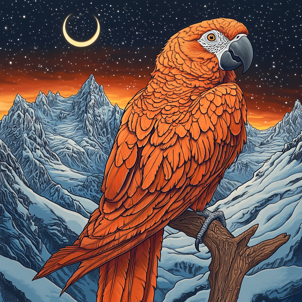 Illustration of orange parrot on branch with mountains, Northern Lights