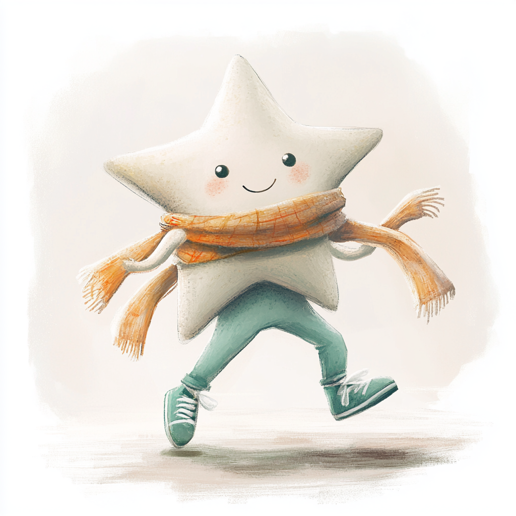 Illustration of playful star in scarf, sports shoes.