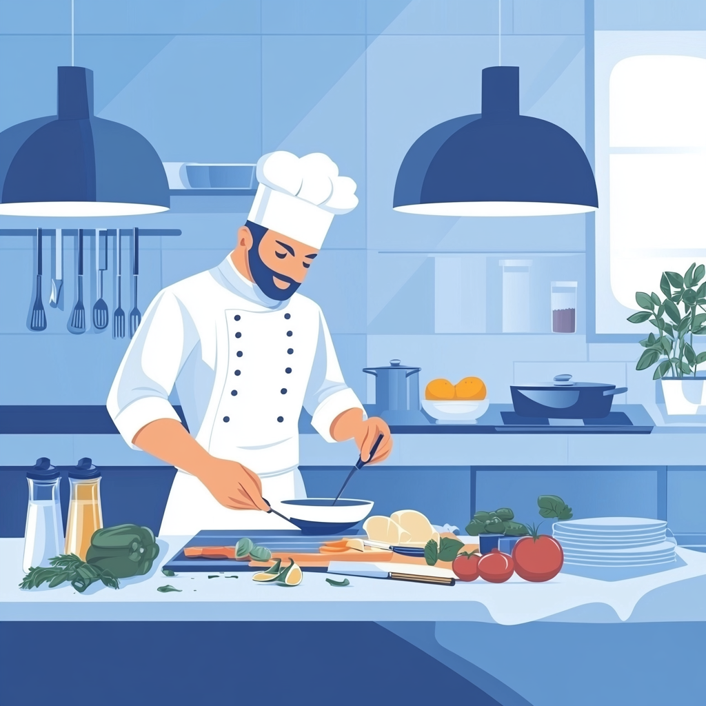 Illustration of professional kitchen with fresh ingredients and chef.