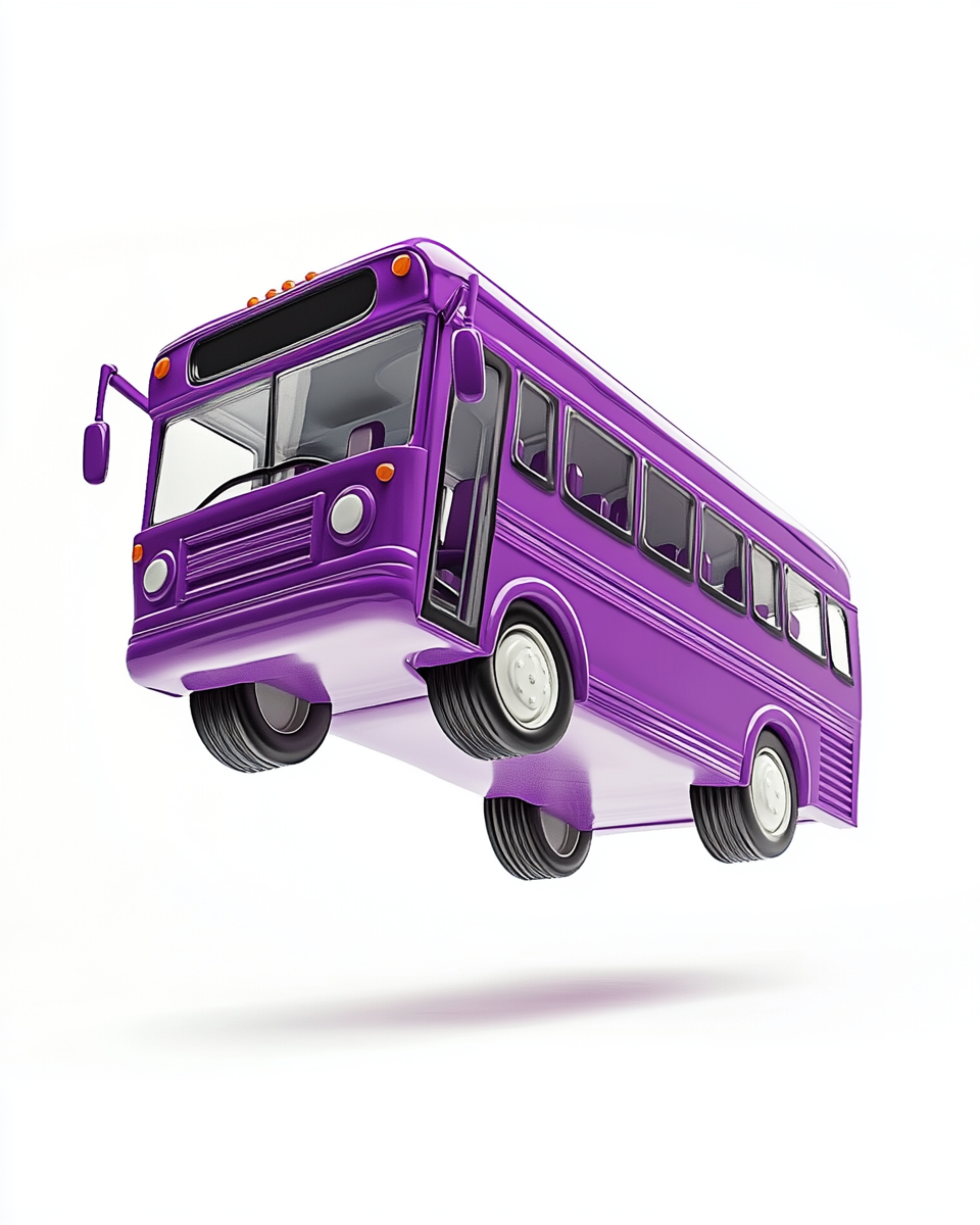 Illustration of purple bus jumping in air.