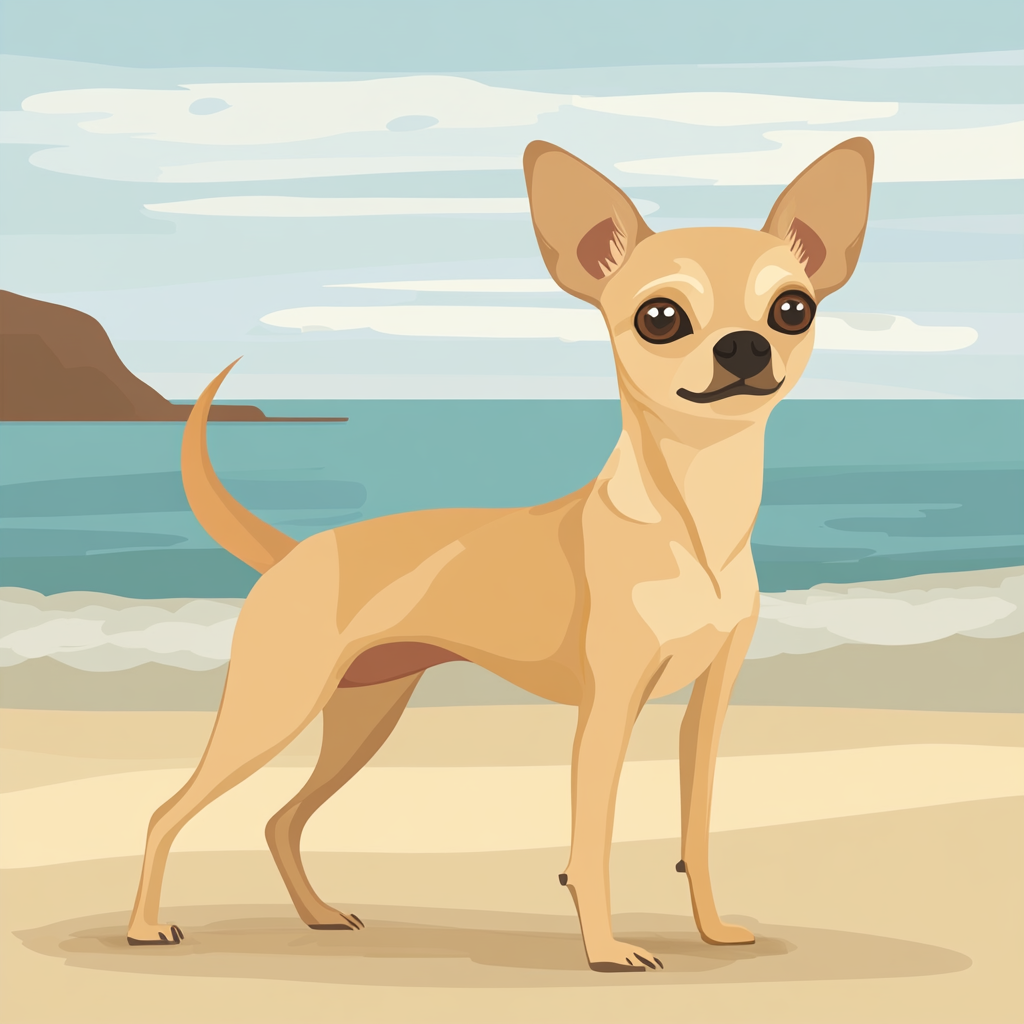 Illustration of short-haired Chihuahua on sandy beach.