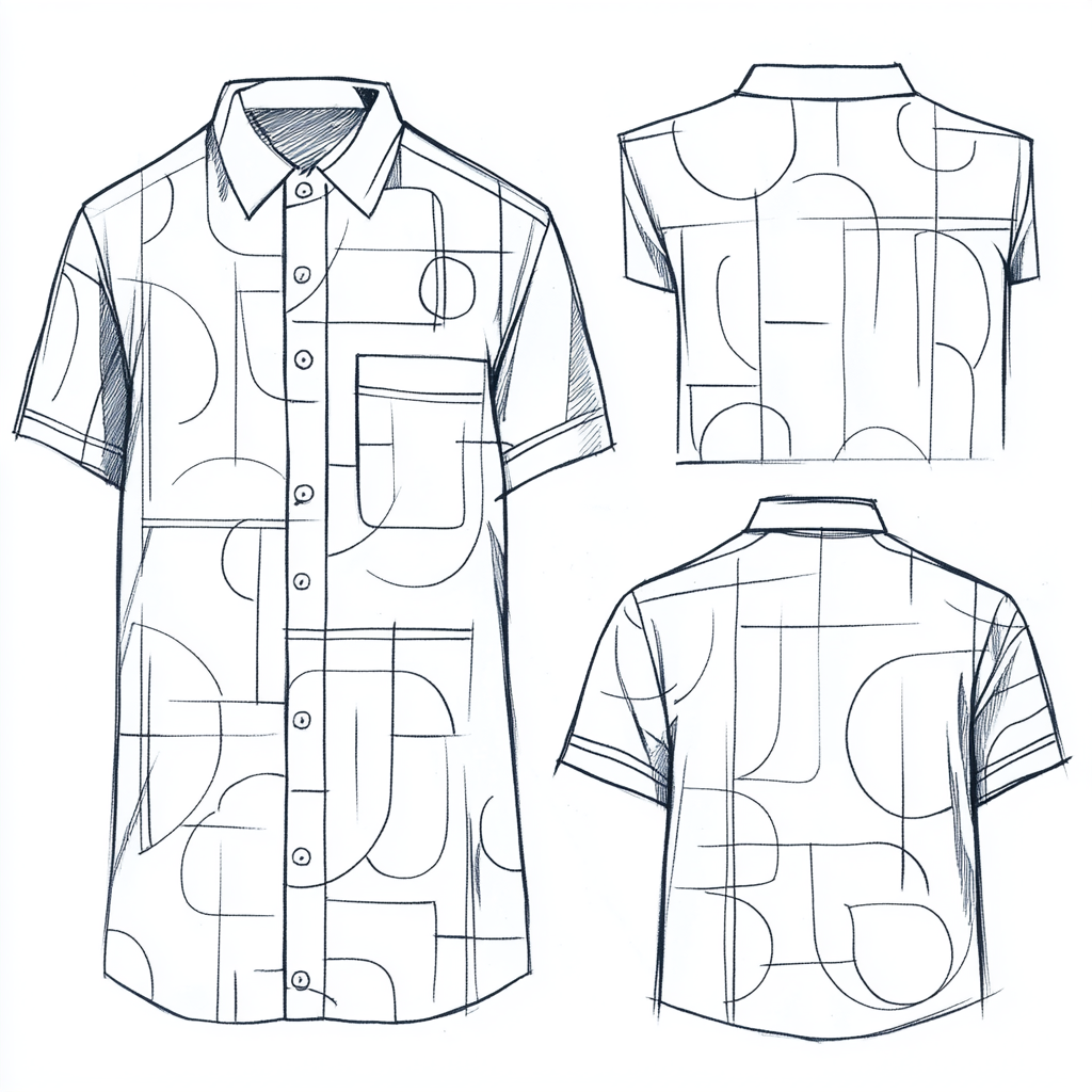 Illustration of short-sleeve shirt design with abstract round and square pattern.