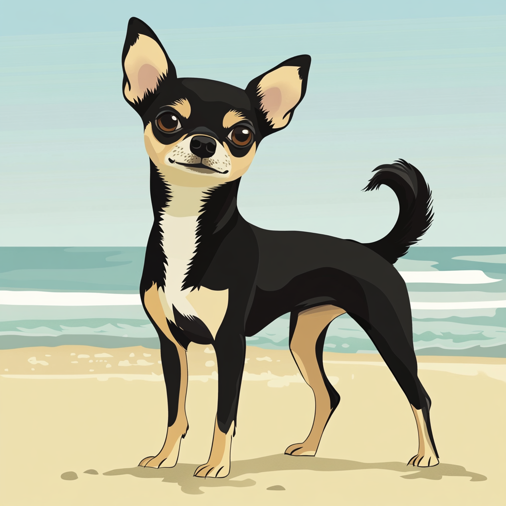 Illustration of small Chihuahua with black coat on beach.