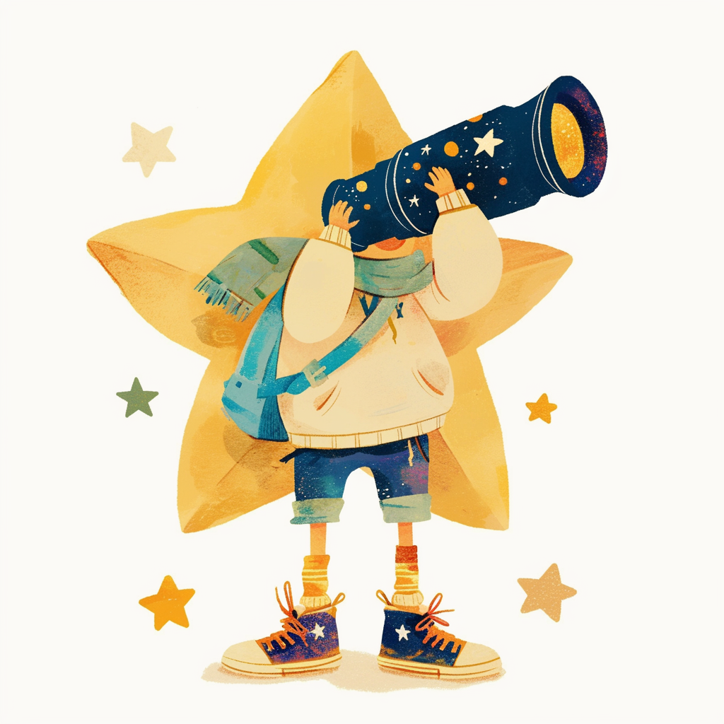 Illustration of star looking at earth with binoculars.