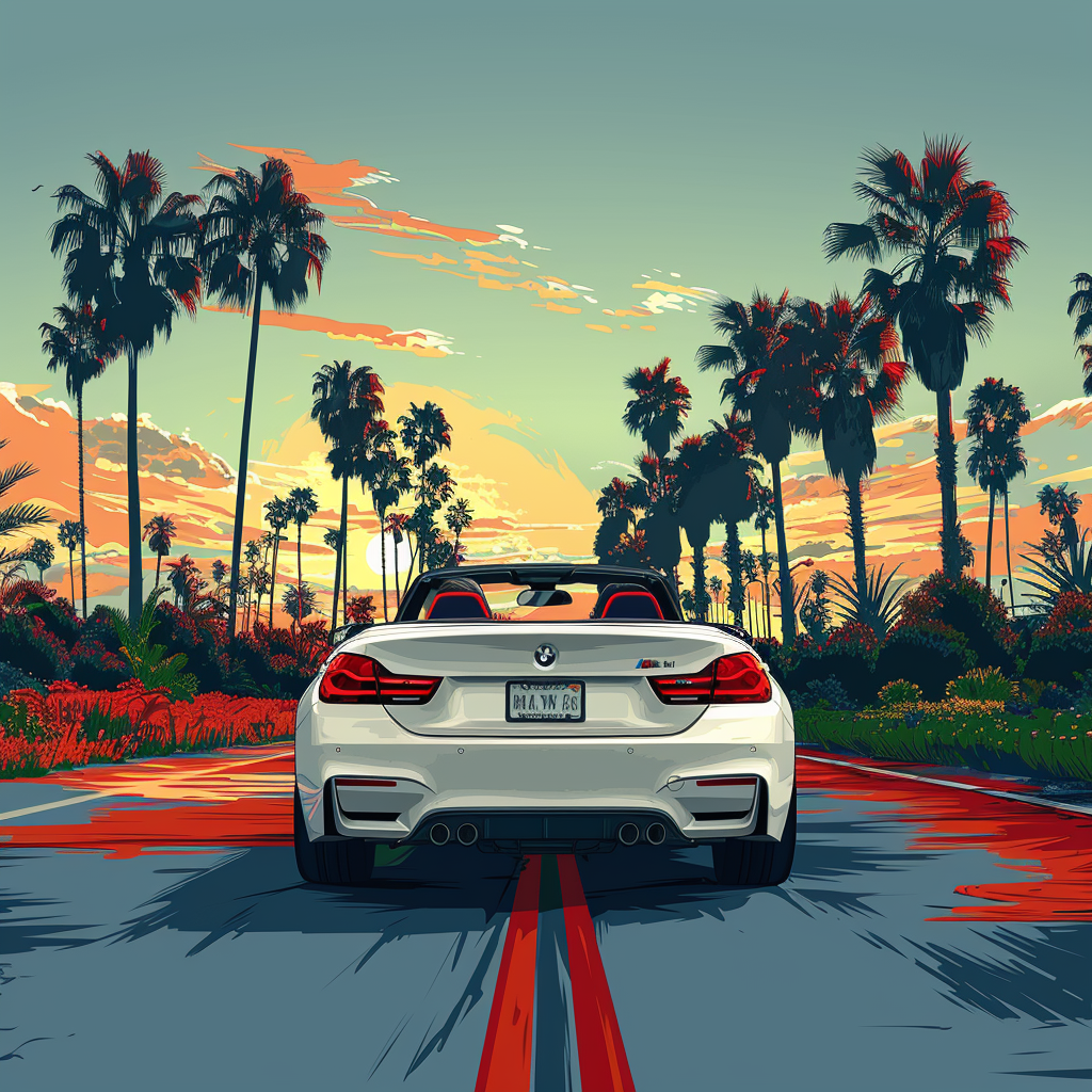 Illustration of sun shining on palm trees road view.