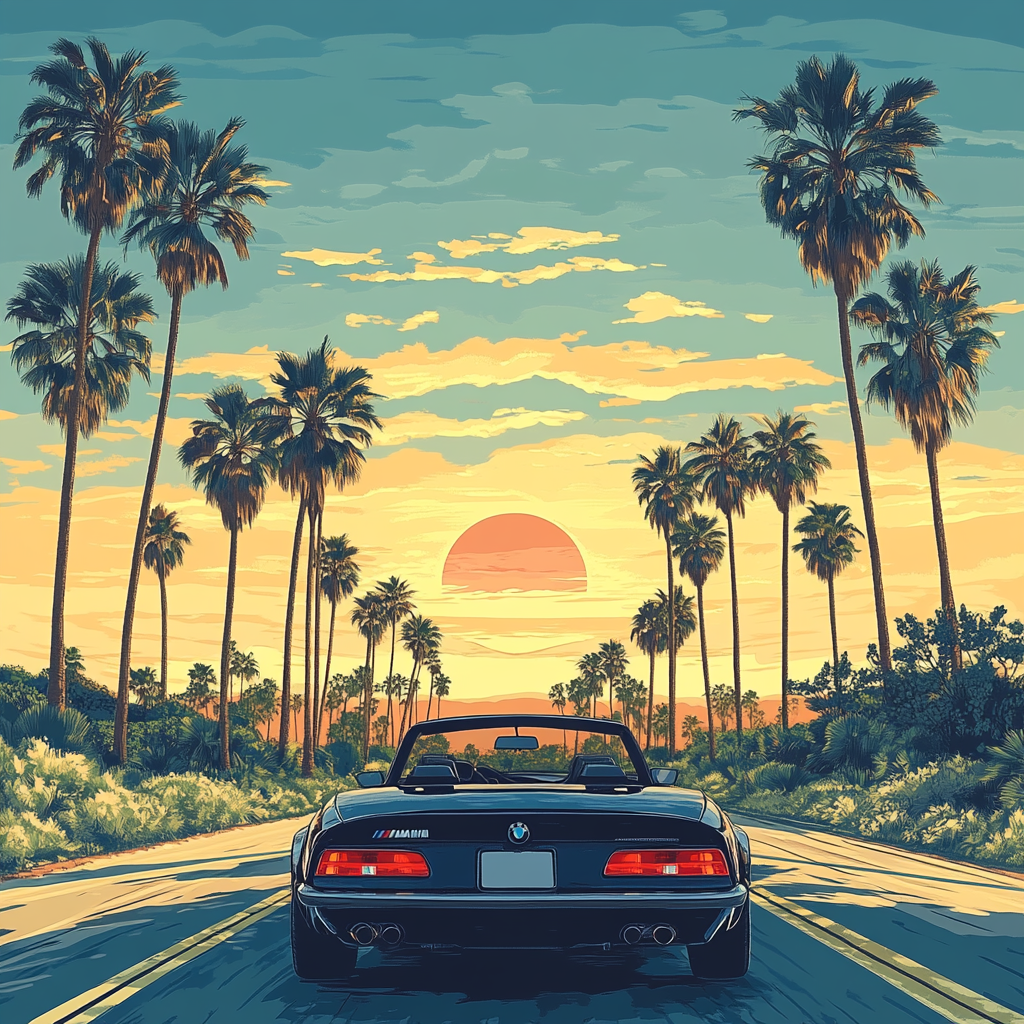 Illustration of sunlit road horizon from black BMW convertible.