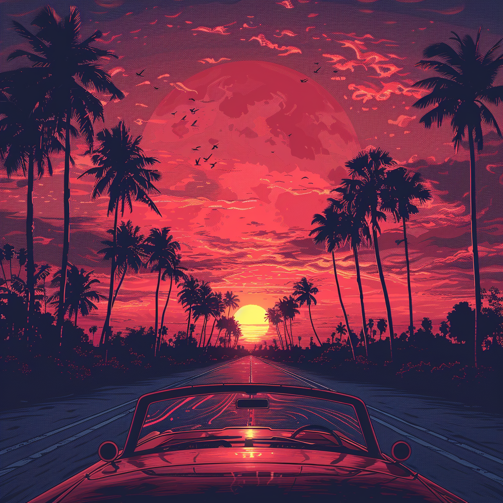 Illustration of sunset view from convertible with palm trees.