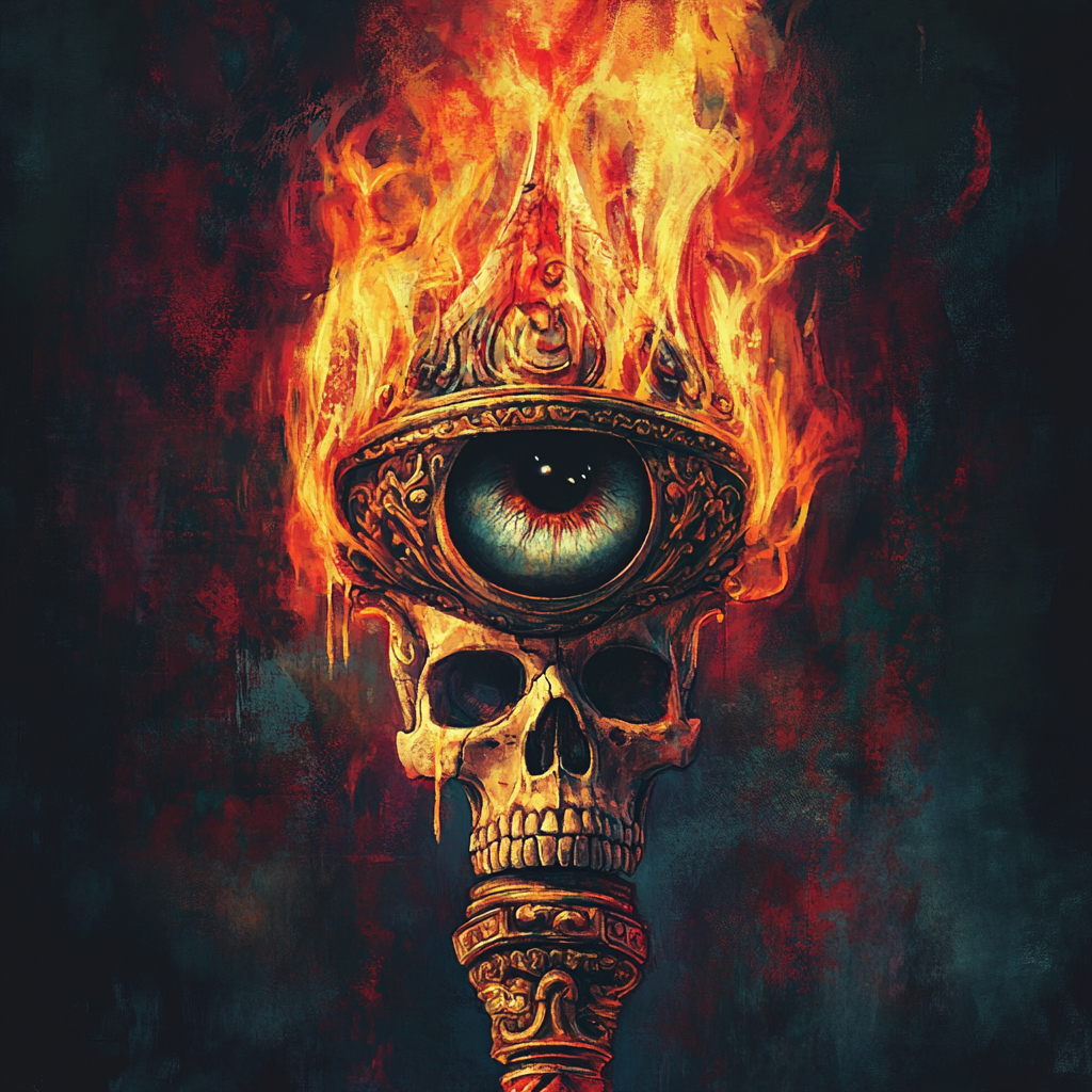 Illustration of torch with eye and skull detail.