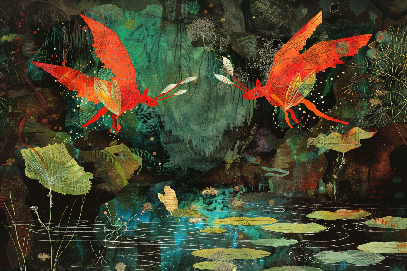 Illustration of two red fairies flying in forest.