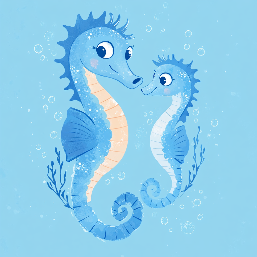 Illustration of two seahorses on light blue background.