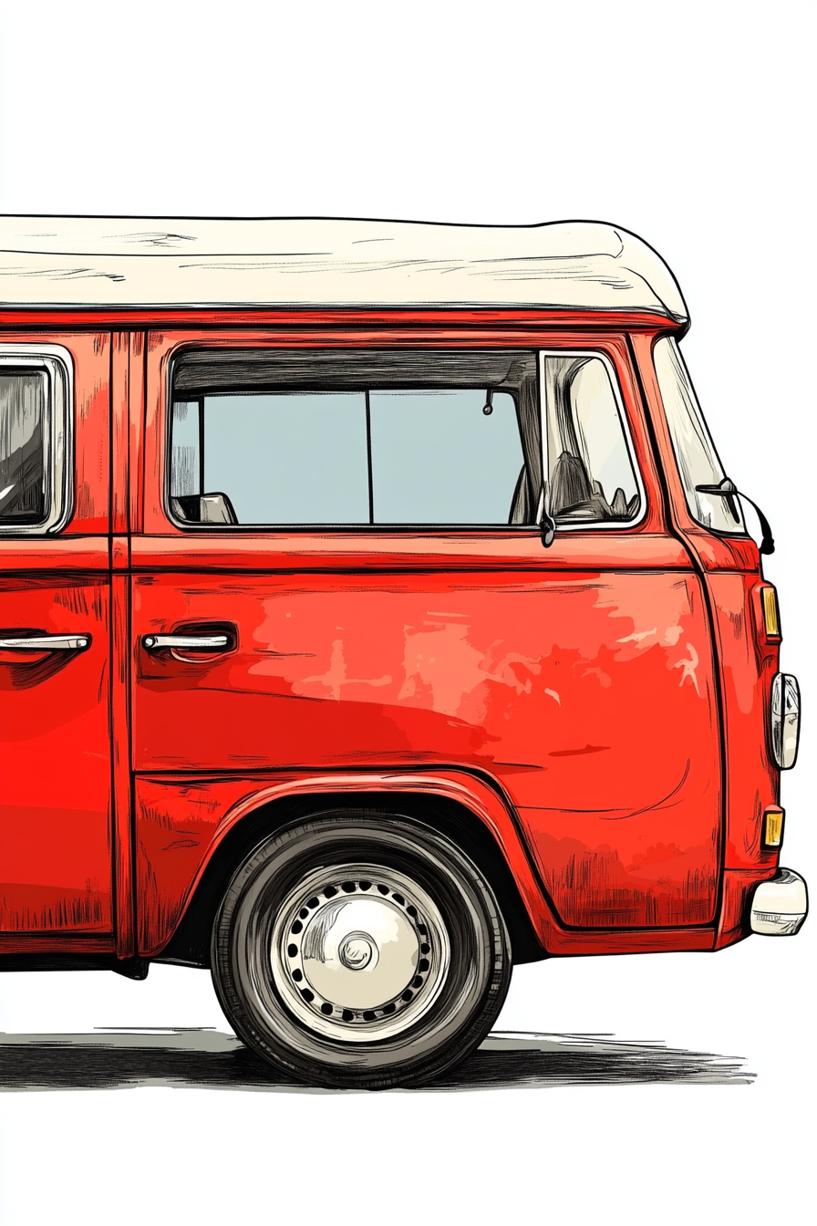 Illustration of vintage red van with inked details.