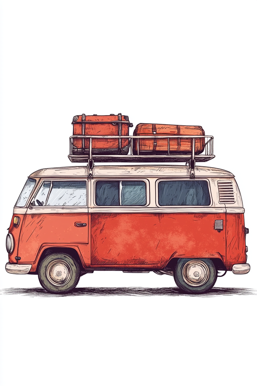 Illustration of vintage red van with luggage on roof.