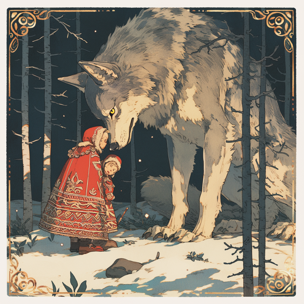 Illustration of wolf protecting boy in dark forest.