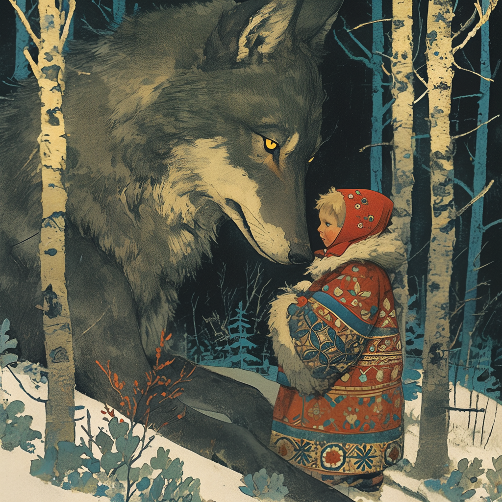 Illustration of wolf protecting infant boy in folk style.