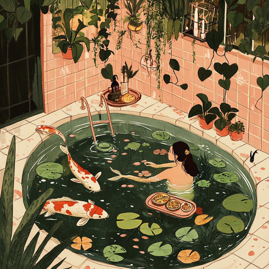 Illustration of woman in tub surrounded by koi fish.