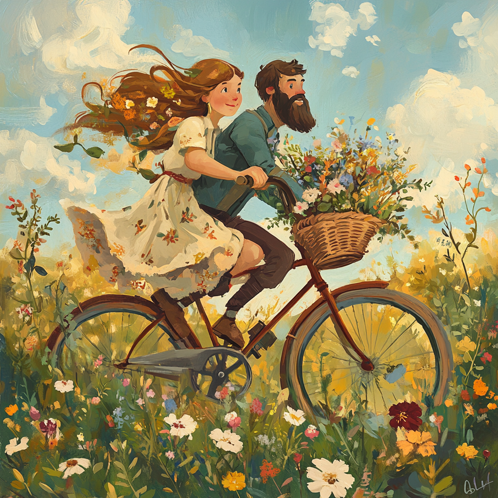 Illustration of woman riding bicycle with man in basket.