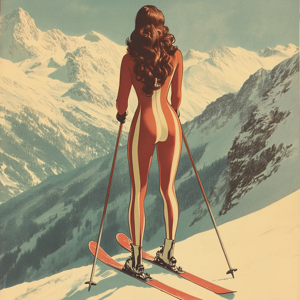 Illustration of woman skiing on mountain in vintage suit.