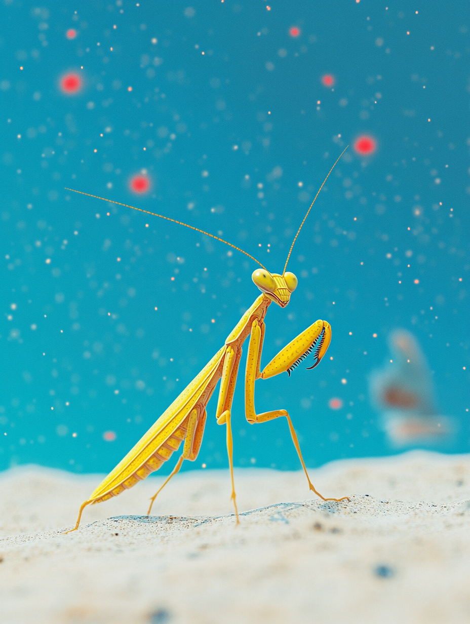 Illustration of yellow mantis in surreal landscape art.