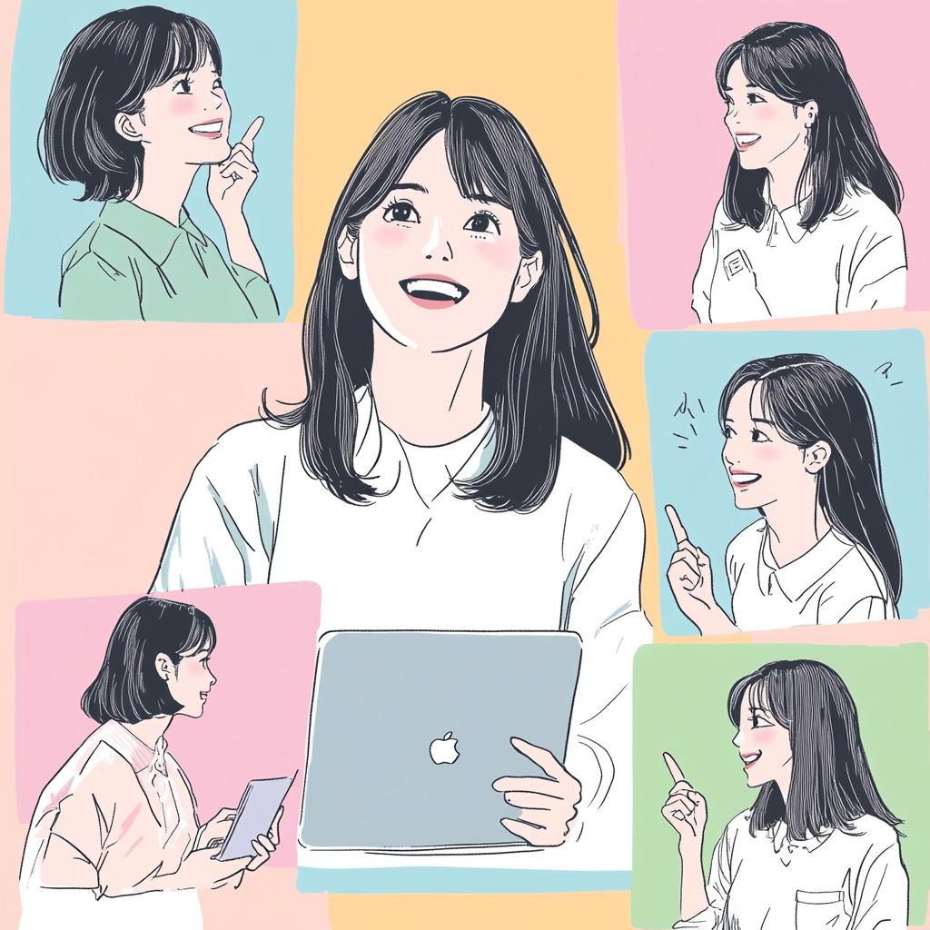 Illustration of young Japanese woman with Mac computer.