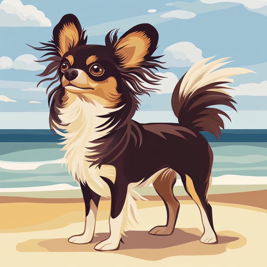 Illustration: Chihuahua with long hair, majestic, sandy beach.