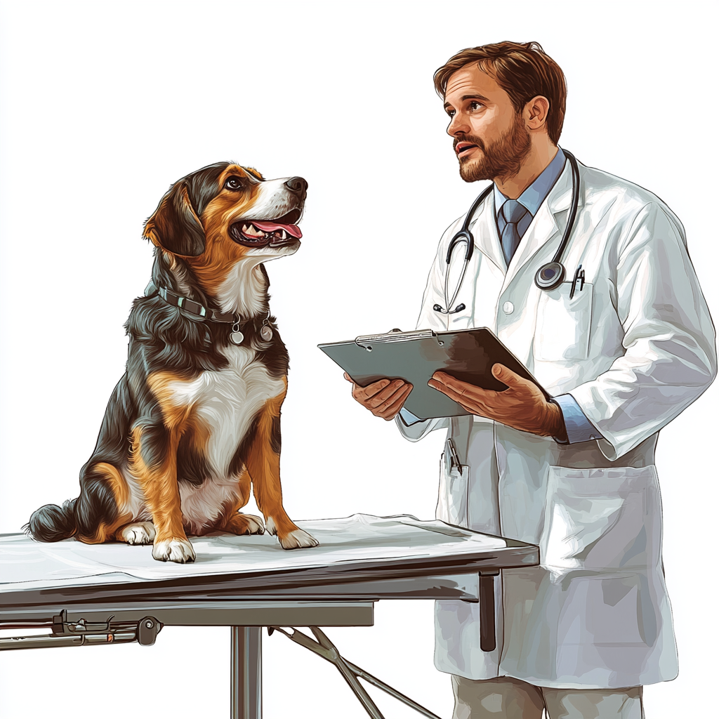 Illustration: Dog on table, vet with clipboard, white background.