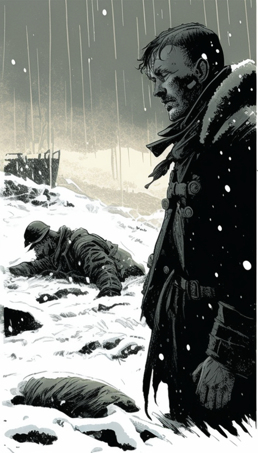 Illustration: Soldiers in tattered clothing, collapsing in snow wasteland.