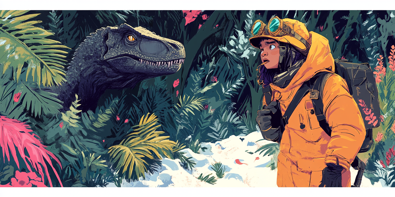 Illustration: surprised polar explorer in Mesozoic forest with dinosaur.