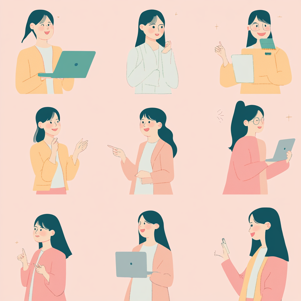 Illustrations of Japanese woman with Mac computer, calm style.