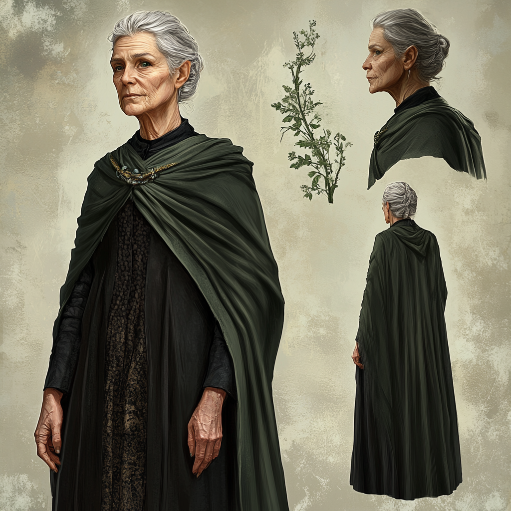 Ilma, wise and weathered herbalist in dark green cloak.