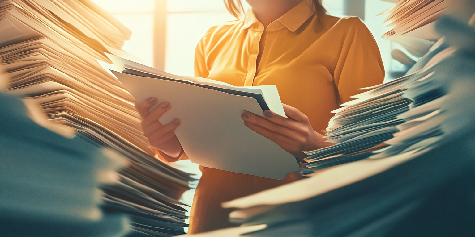 Image Person organizes financial papers into folder.