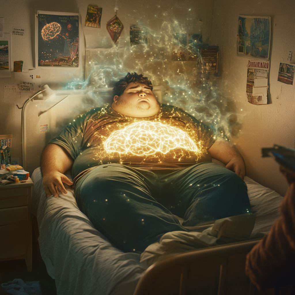 Image alt text: Fat superhero from The Boys, asleep in dorm bed.