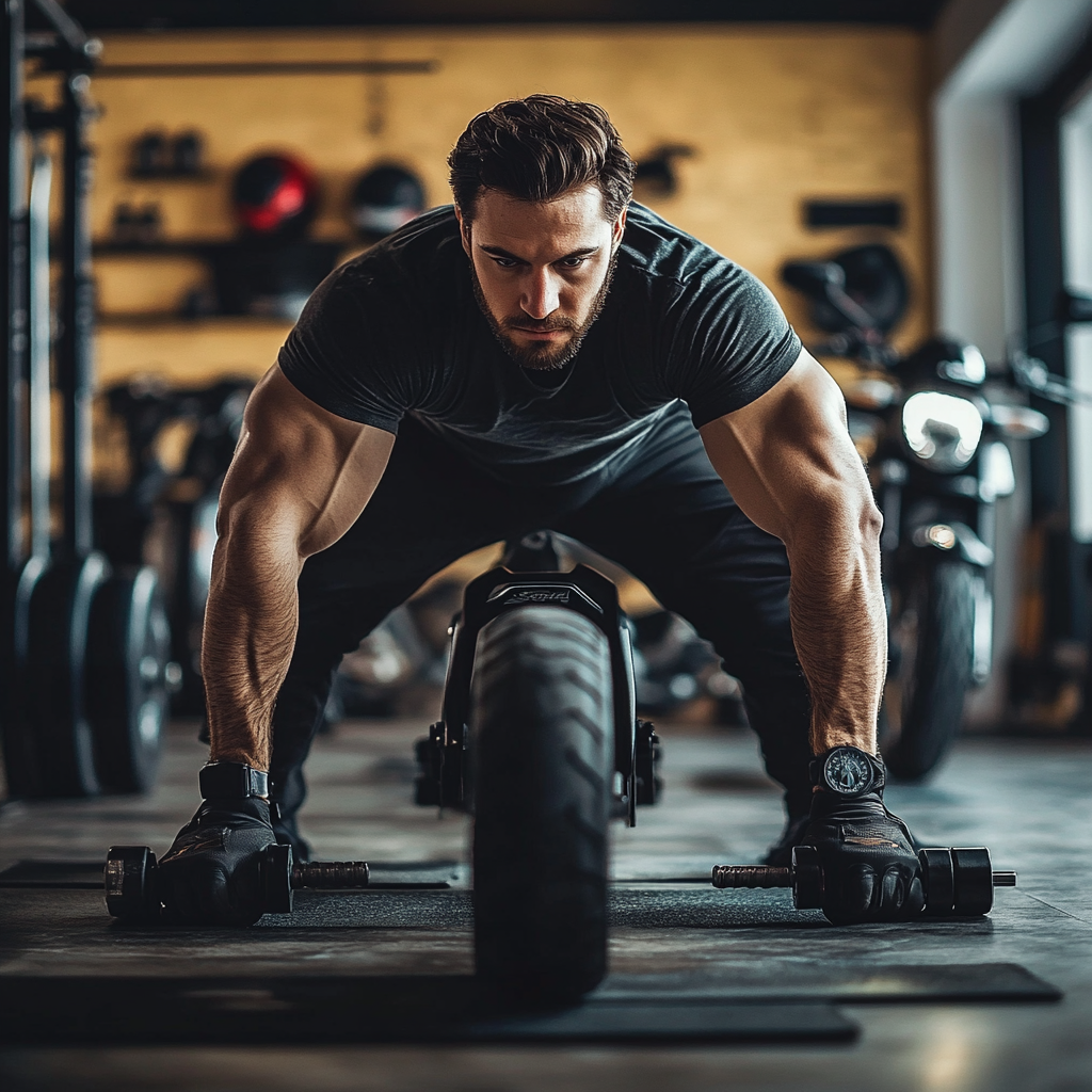 Image alt text: Motorcyclist strengthening core and upper body at gym.