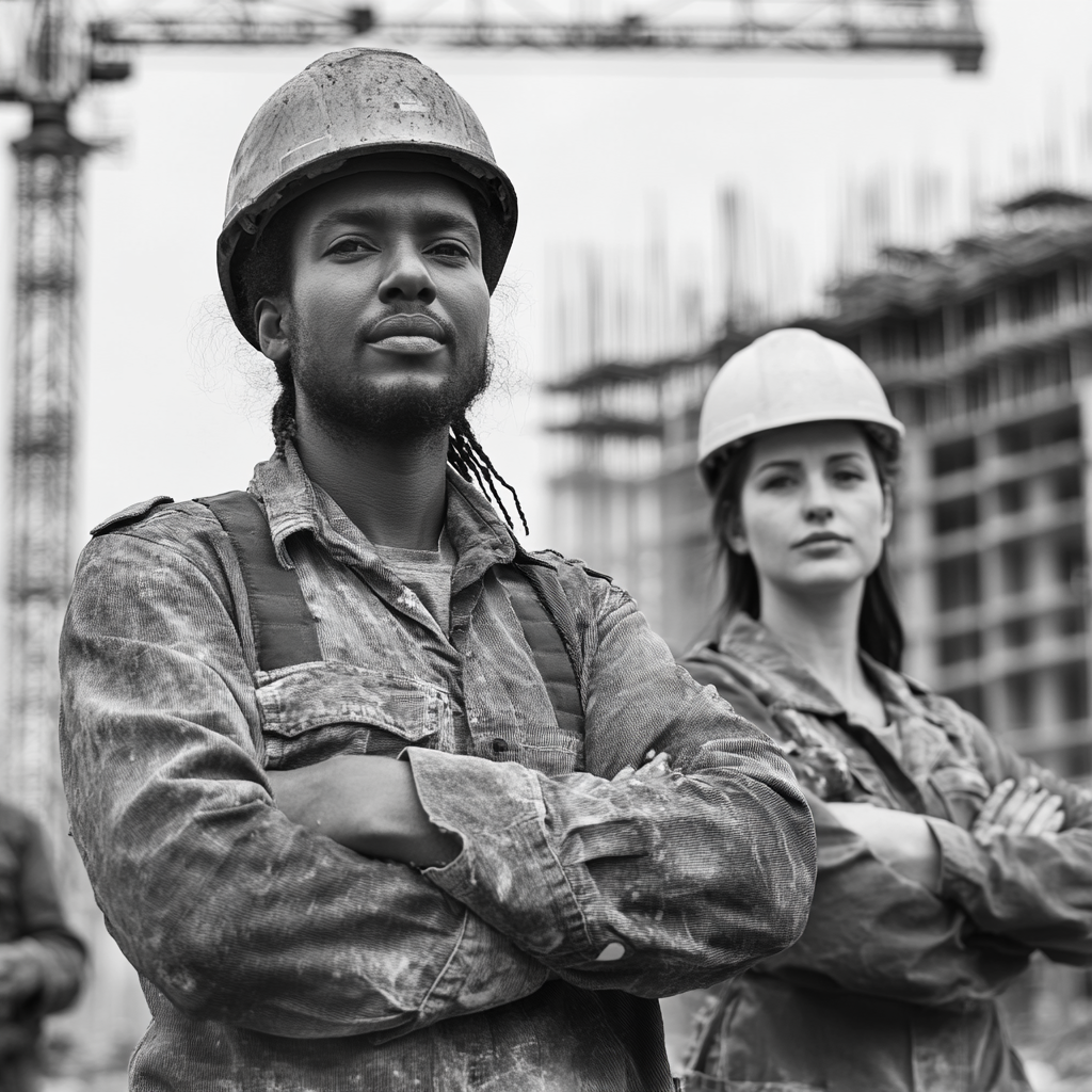 Image of African man, European woman, and workers.