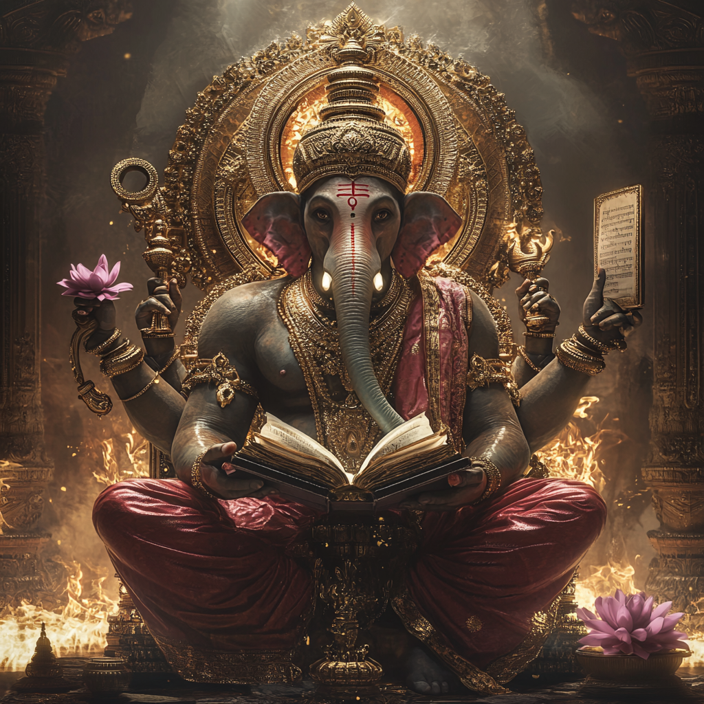 Image of Hindu god Brihaspati on elephant, realistic.