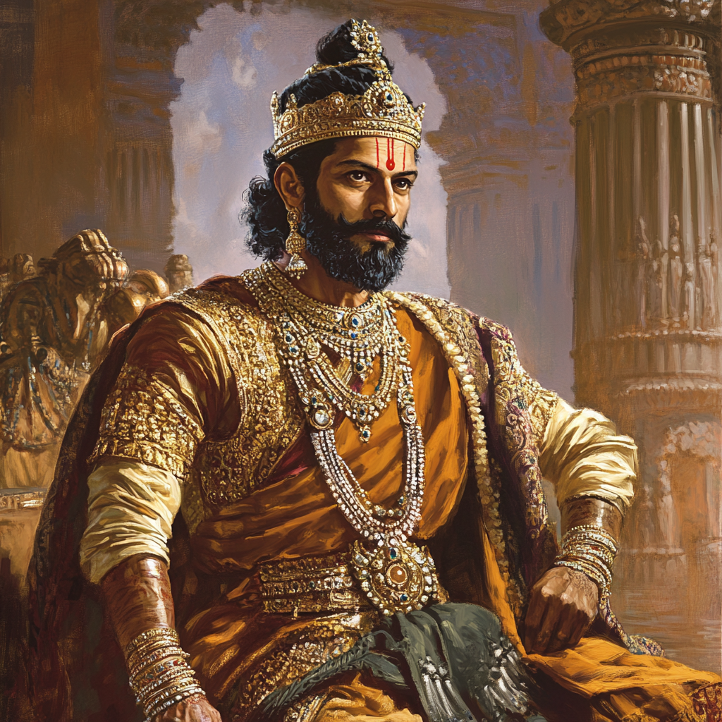 Image of King Chandragupta Morya: Regal attire, powerful stature