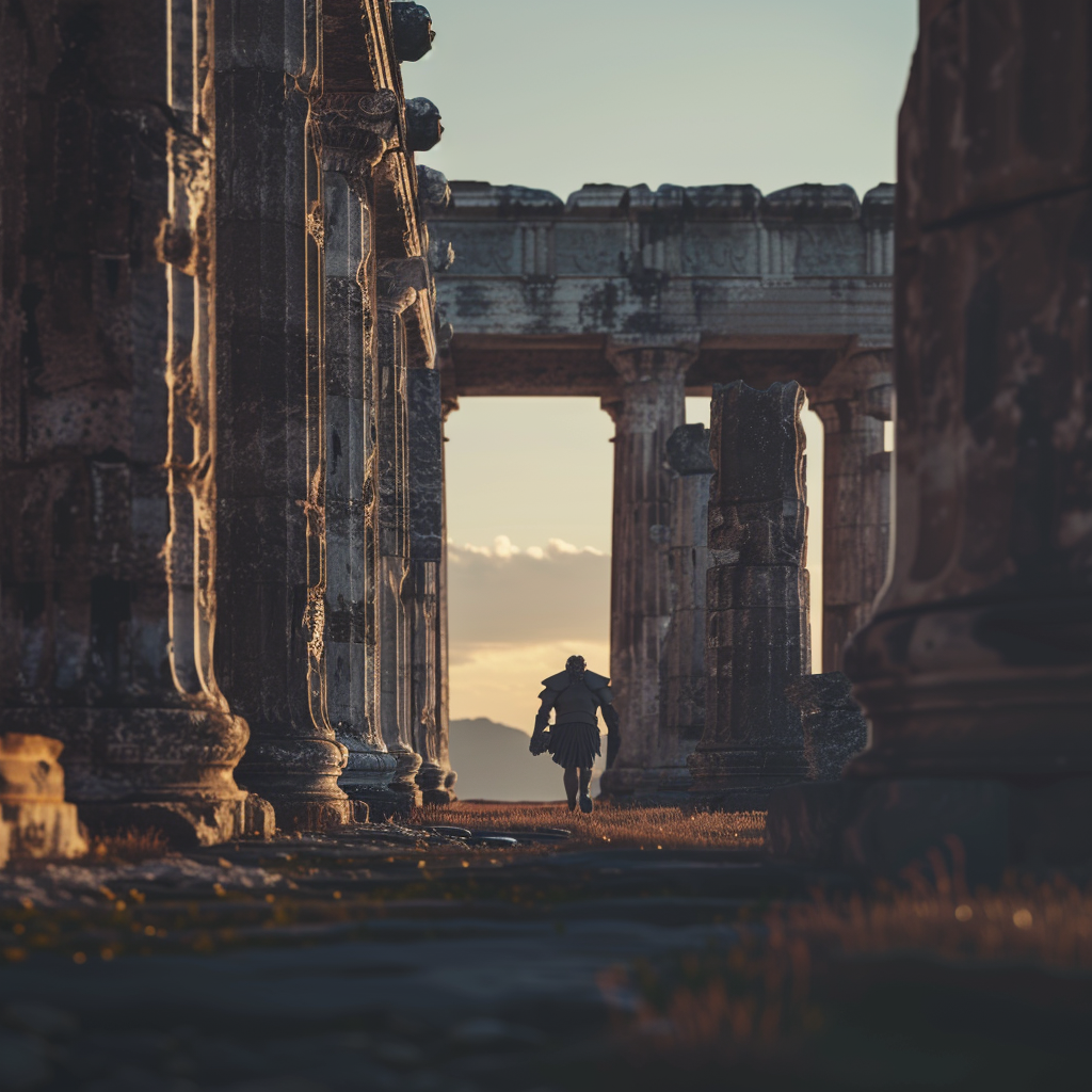 Image of Poseidon walking between Paestum temples, detailed.