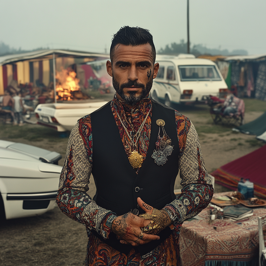 Image of Quaresma in Romani attire at camp.