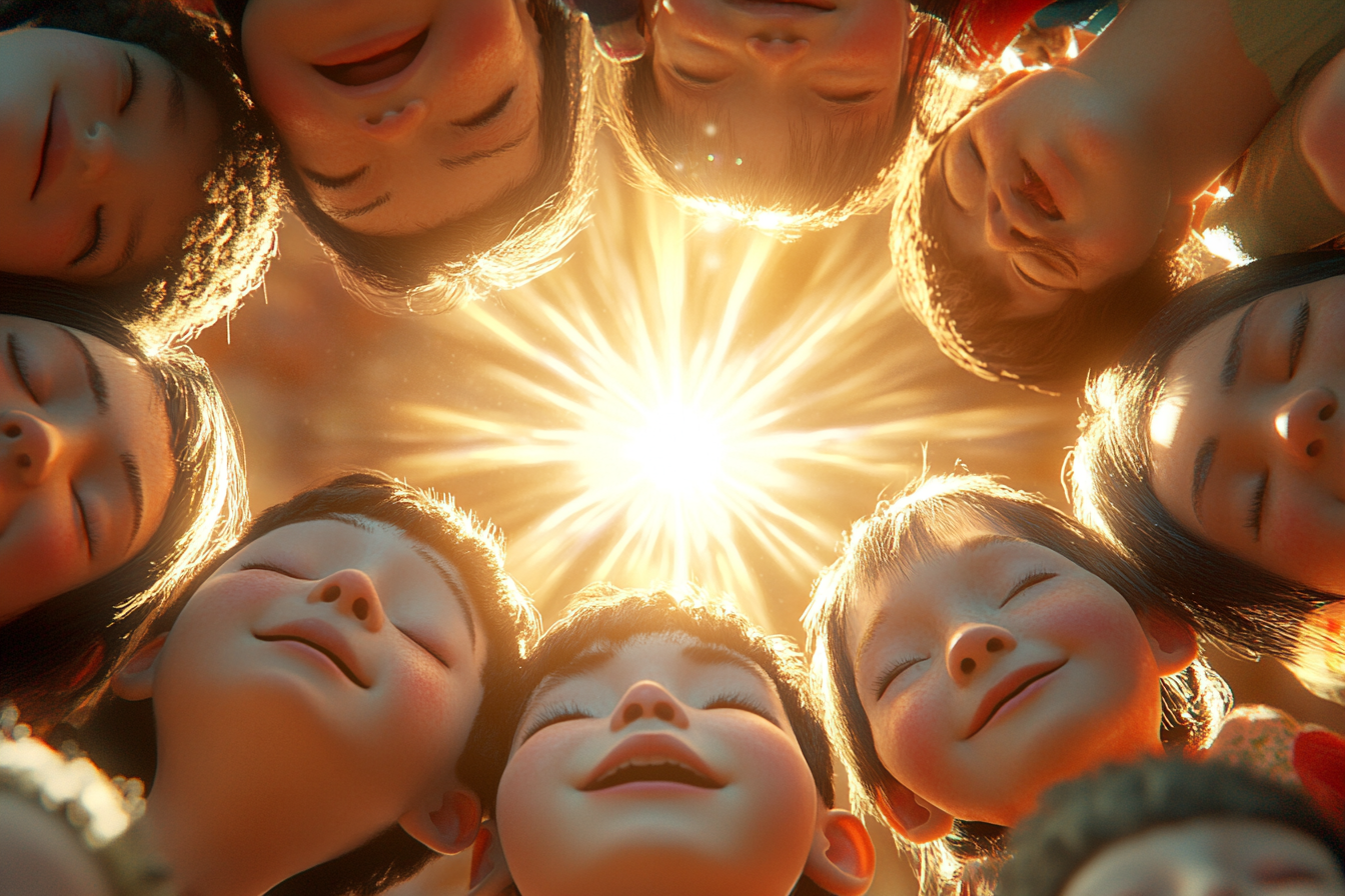 Image of children blinking in wonder under bright light.