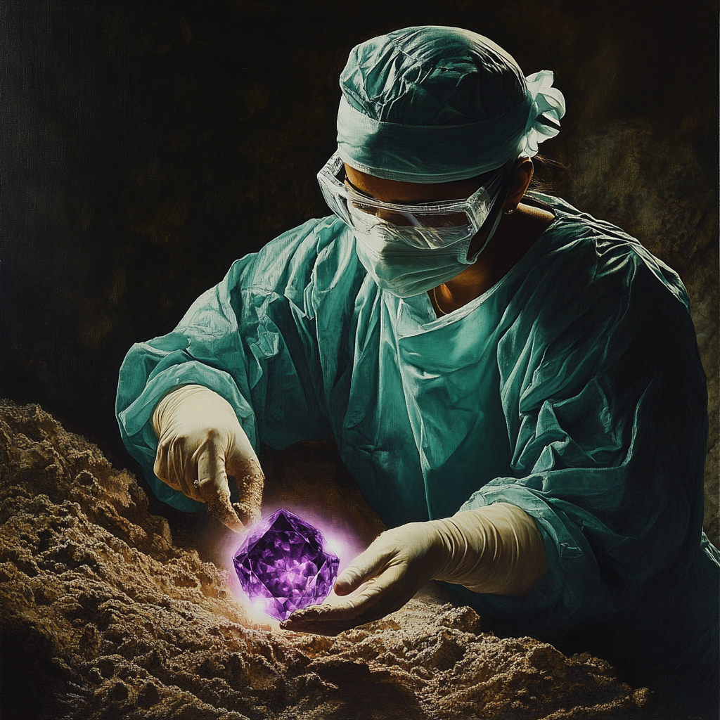 Image of dirty surgeon finding glowing purple diamond.