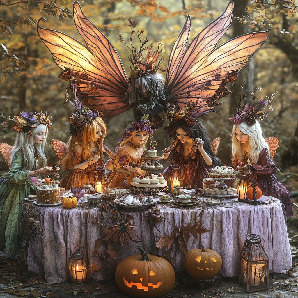 Image of diverse fairies with large wings at fall tea party.