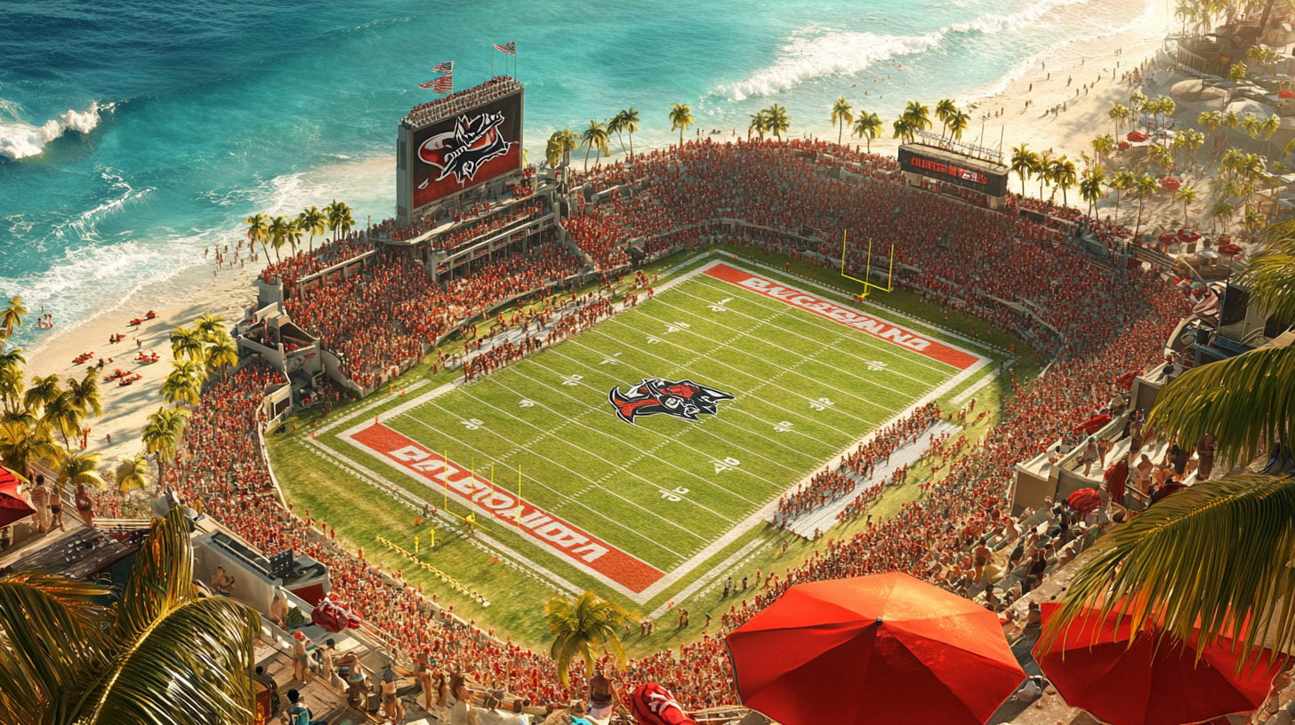 Image of football field on beach with fans and logos.