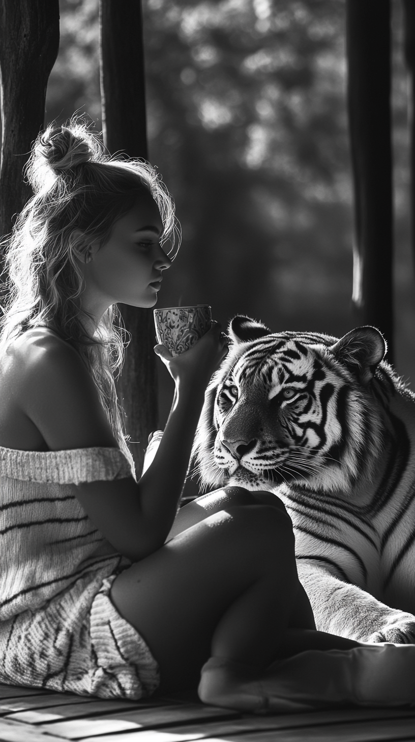 Image of girl with tiger on porch, highest quality.