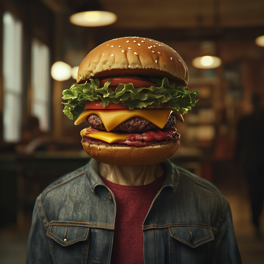 Image of human body with hamburger head, surreal yet believable.