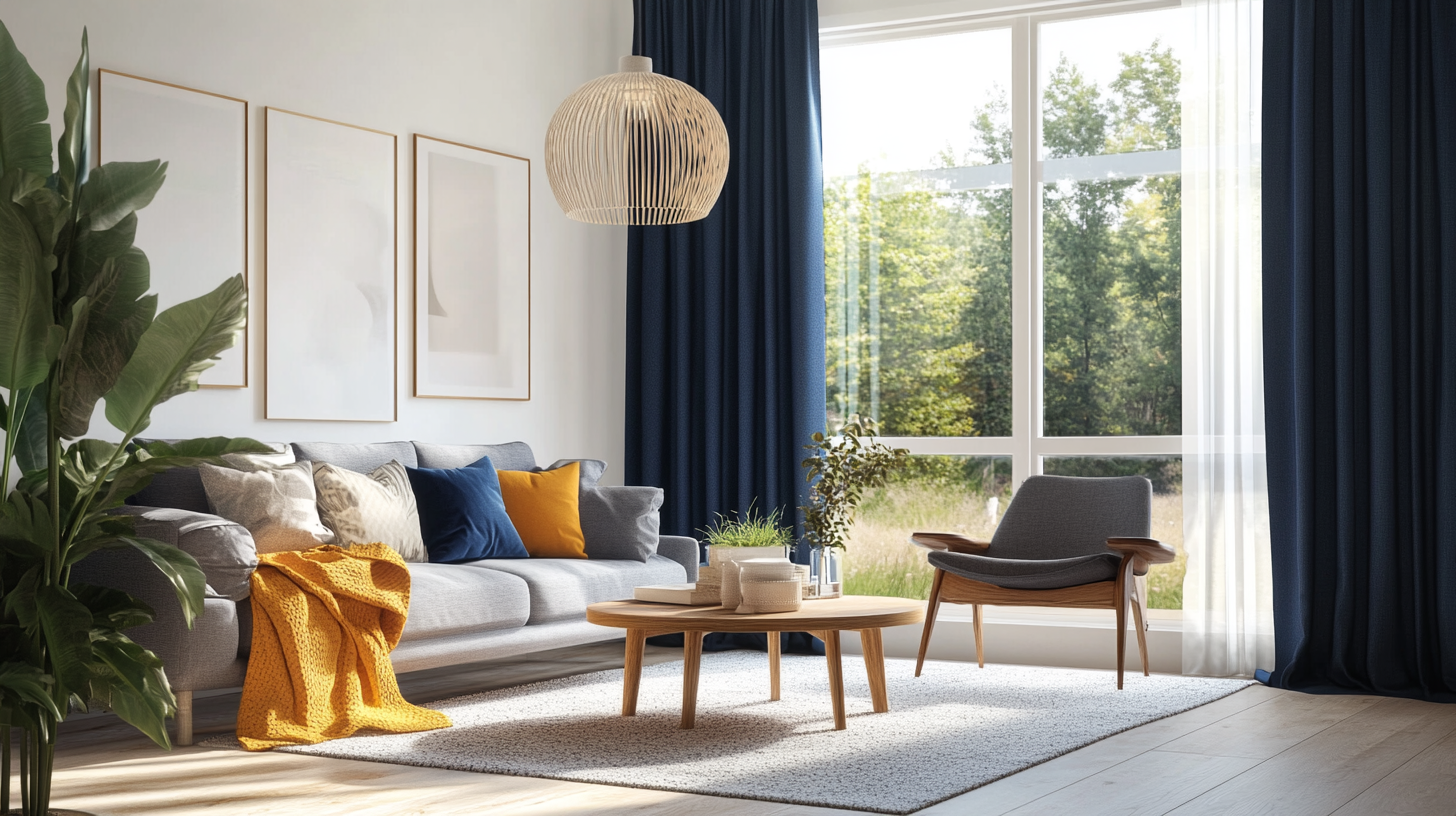 Image of mid-century modern living room with navy curtains.