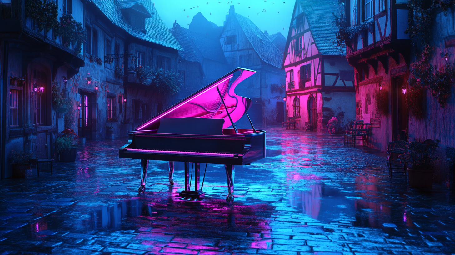 Image of modern piano in historic village square.