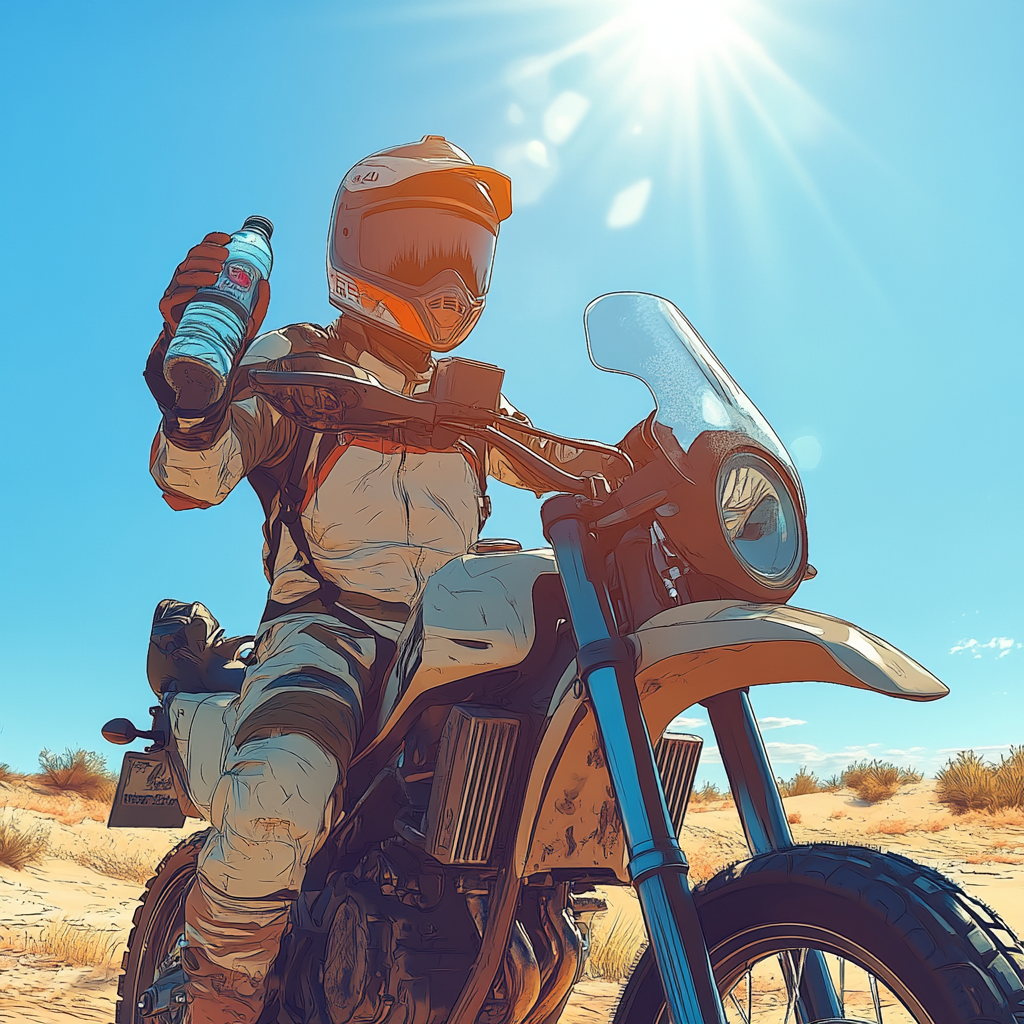 Image of motorcyclist in light clothes drinking water, preparing.