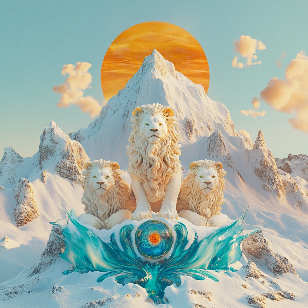 Image of mountain peak at sunrise with snow lions.