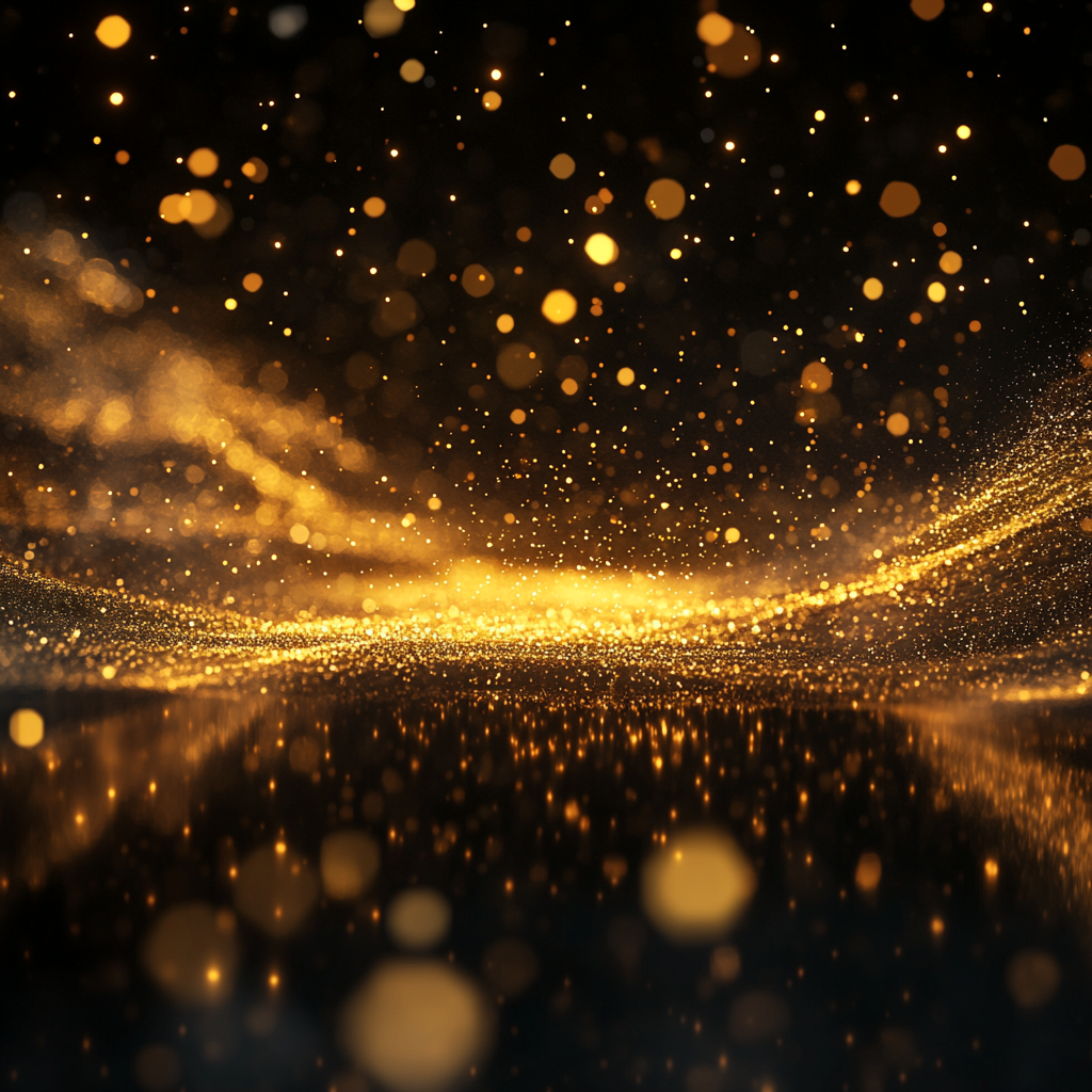 Image of reflecting gold dust, falling sparkles, elegant lighting.