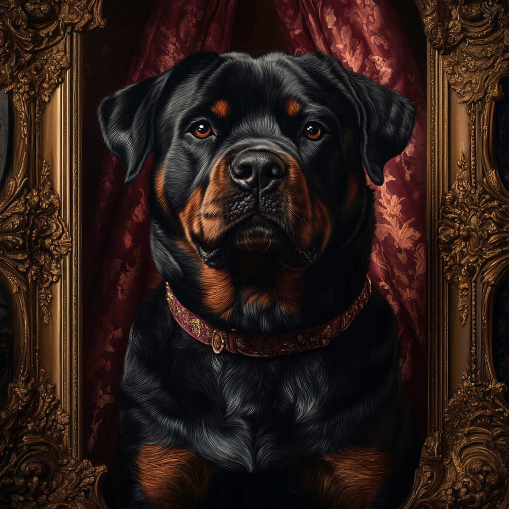 Image of regal Rottweiler in Baroque style setting.